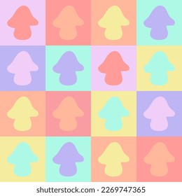 pattern, background with pink, yellow, blue squares and mushrooms in hippie style