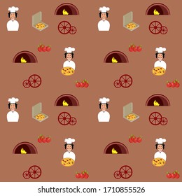 Pattern, background, pizzeria and cook, pizza, tomatoes. Vector painting art