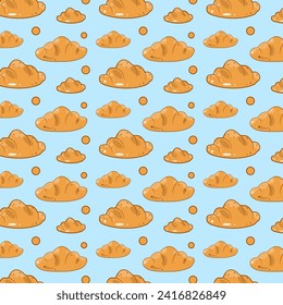 Pattern, background, presentation, banner with the image of buns, croissants, different sizes, with a pastel blue background, for use in printing on paper, fabric. Vector illustration