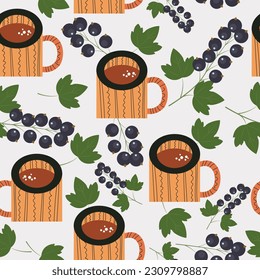 Stylish seamless pattern, background, design, breakfast print. Coffee, black currant berries. EPS 10 Vector