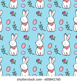 Pattern background of rabbit with in Easter day on blue pastel.Doodle style.