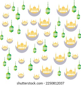 Pattern with background ramadan mosque and lattern.Ramadan Kareem arabic calligraphy greeting design islamic line mosque dome with lattern.
