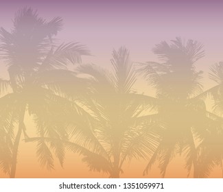 Pattern or background with realistic silhouette of tree tops, tropical palm trees, with morning orange-pink sky and with space for text - vector