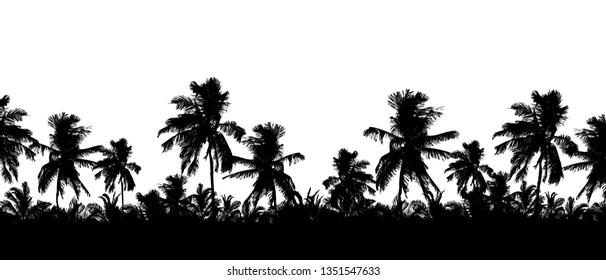 Pattern or background with realistic silhouette of tree tops, tropical palm trees, isolated on white background with space for text - vector