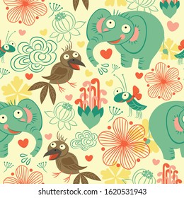 Pattern, background seamless baby elephant, crow, and beetle