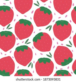 Pattern background seamless strawberry and decoration leaves. Vector cute template for greeting cards, wedding invitations, posters, banners, web and textiles. Red, green, pink and white colors.