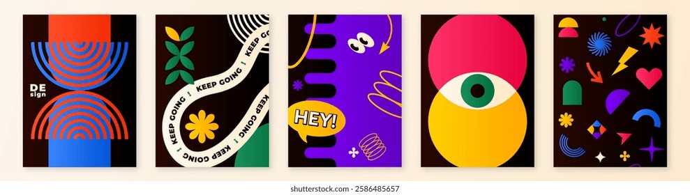 Pattern background set with minimal geometric shapes, vector illustration. Graphic design gradient elements with retro line, simple form, figure, arch. Trendy flat posters template for music, party.
