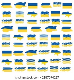 Pattern or background. Set of Ukrainian flags with brushstrokes, dots and lines. Ukraine national flag brush stroke effect on white background.