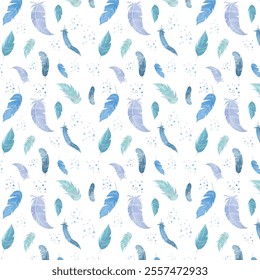 Pattern background sketch boho style texture with elegant blue and green feathers on white background Vector
