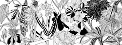 Pattern Background With Solomon's Seal (Polygonatum Multiflorum), Palms, Flowers,  Monstera Leaf Drawing Illustration. Exotic Tropical Line Illustration.