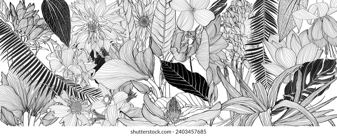 Pattern background with Solomon's seal (Polygonatum multiflorum), palms, flowers,  monstera leaf drawing illustration. Exotic tropical line illustration.