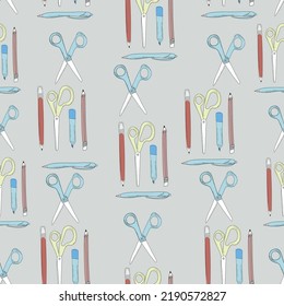 pattern background with stationery for design, pattern cover template with school attributes - scissors, marker, pencils for printing. Vector isolated on gray background.