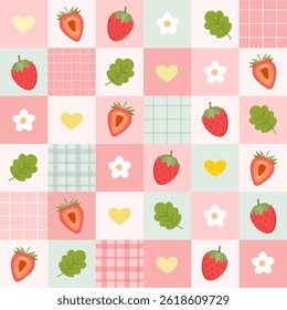 Pattern background with strawberry, leaves, flower, heart and lines on the colourful checkered background. Vector illustration strawberry pattern for background, wallpaper, wrapping and textile