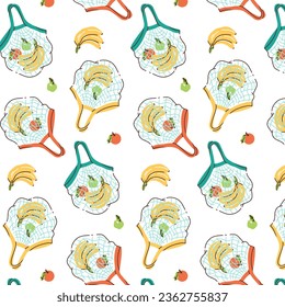 Pattern background with string bags and fruits apple, banana and orange. Zero-waste shopping.