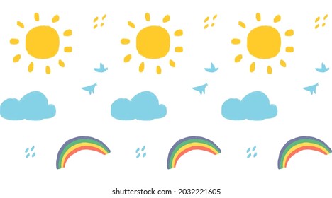 
pattern background sun, clouds, rainbow, and maybe flying birds fill the sky