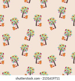 Pattern or background template with fox and apple tree pictures 