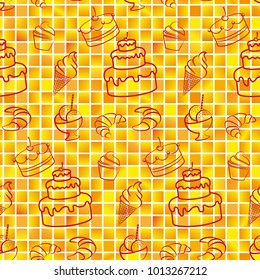 Pattern. Background texture. cakes, ice cream, coffee, croissant.