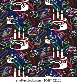 Pattern. Background texture. cakes, ice cream, coffee, croissant.