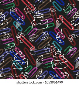 Pattern. Background texture. cakes, ice cream, coffee, croissant.
