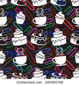 Pattern. Background texture. cakes, ice cream, coffee, croissant.
