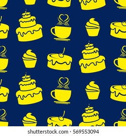 Pattern. Background texture. cakes, ice cream, coffee, croissant.