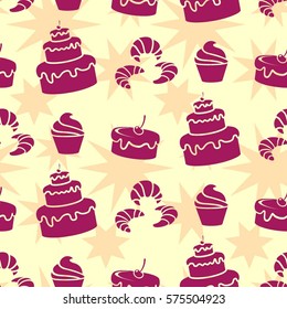 Pattern. Background texture. cakes, ice cream, coffee, croissant.