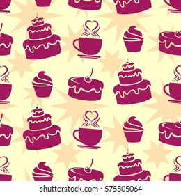 Pattern. Background texture. cakes, ice cream, coffee, croissant.