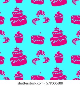 Pattern. Background texture. cakes, ice cream, coffee, croissant.