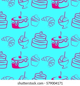 Pattern. Background texture. cakes, ice cream, coffee, croissant.