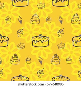 Pattern. Background texture. cakes, ice cream, coffee, croissant.