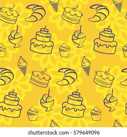Pattern. Background texture. cakes, ice cream, coffee, croissant.