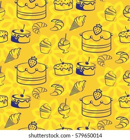 Pattern. Background texture. cakes, ice cream, coffee, croissant.