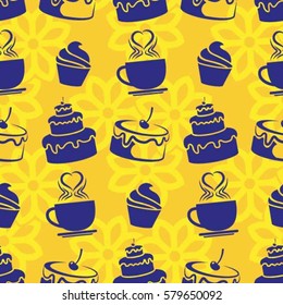 Pattern. Background texture. cakes, ice cream, coffee, croissant.
