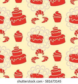 Pattern. Background texture. cakes, ice cream, coffee, croissant.