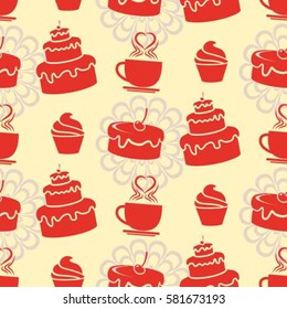 Pattern. Background texture. cakes, ice cream, coffee, croissant.