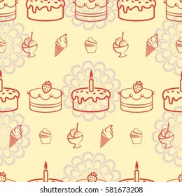 Pattern. Background texture. cakes, ice cream, coffee, croissant.