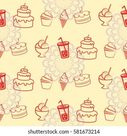 Pattern. Background texture. cakes, ice cream, coffee, croissant.