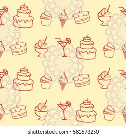Pattern. Background texture. cakes, ice cream, coffee, croissant.