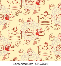 Pattern. Background texture. cakes, ice cream, coffee, croissant.