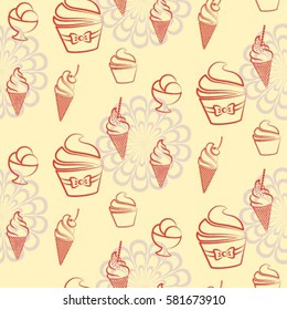 Pattern. Background texture. cakes, ice cream, coffee, croissant.
