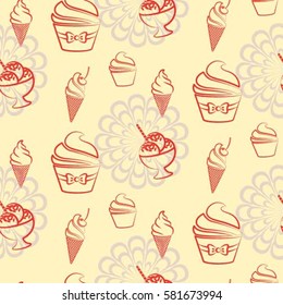 Pattern. Background texture. cakes, ice cream, coffee, croissant.