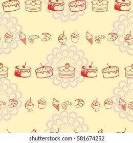 Pattern. Background texture. cakes, ice cream, coffee, croissant.