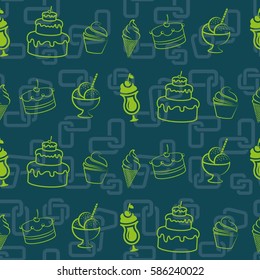 Pattern. Background texture. cakes, ice cream, coffee, croissant.