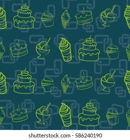 Pattern. Background texture. cakes, ice cream, coffee, croissant.