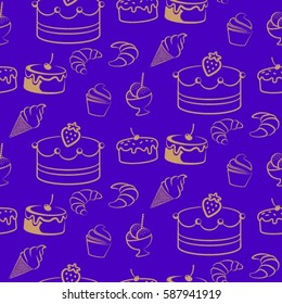 Pattern. Background texture. cakes, ice cream, coffee, croissant.