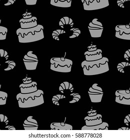 Pattern. Background texture. cakes, ice cream, coffee, croissant.