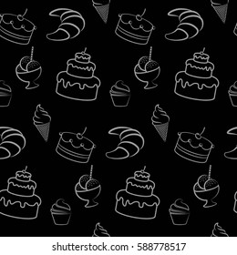 Pattern. Background texture. cakes, ice cream, coffee, croissant.