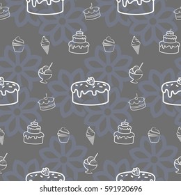 Pattern. Background texture. cakes, ice cream, coffee, croissant.