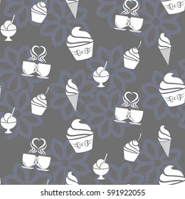Pattern. Background texture. cakes, ice cream, coffee, croissant.