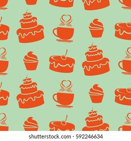 Pattern. Background texture. cakes, ice cream, coffee, croissant.
